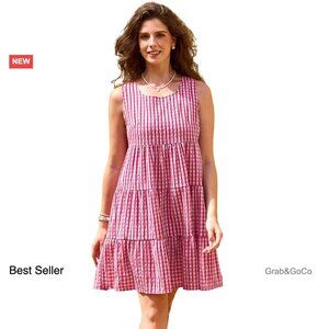 Sleeveless Gingham Sundress Flowy Tiered Swing Dress Summer Casual Chic